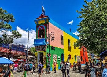 Buenos Aires, Argentina - Dec 16, 2023: Colorful buildings in Caminito street in La Boca neighborhood at Buenos Aires, Argentina. It was a port area where Tango was born