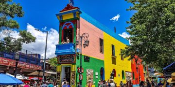 Buenos Aires, Argentina - Dec 16, 2023: Colorful buildings in Caminito street in La Boca neighborhood at Buenos Aires, Argentina. It was a port area where Tango was born