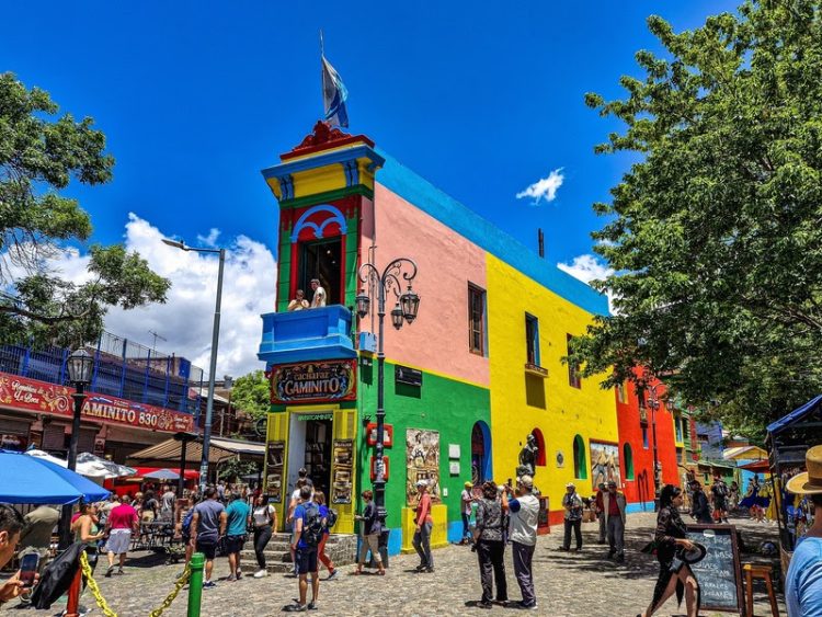 Buenos Aires, Argentina - Dec 16, 2023: Colorful buildings in Caminito street in La Boca neighborhood at Buenos Aires, Argentina. It was a port area where Tango was born
