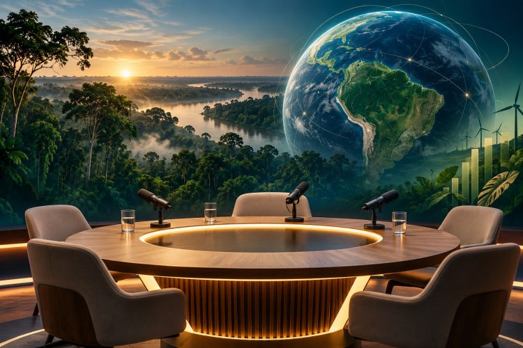 Ilustração gerada por IA de mesa de entrevistas diante de floresta e globo terrestre, simbolizando o debate climático.