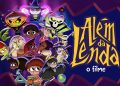 Arte de Além da Lenda — O Filme com personagens do folclore brasileiro e título amarelo sobre fundo roxo.