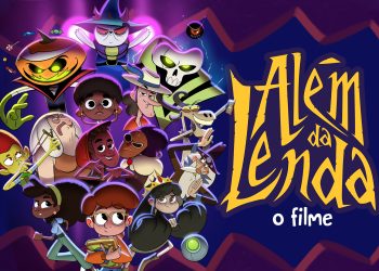 Arte de Além da Lenda — O Filme com personagens do folclore brasileiro e título amarelo sobre fundo roxo.