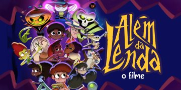 Arte de Além da Lenda — O Filme com personagens do folclore brasileiro e título amarelo sobre fundo roxo.