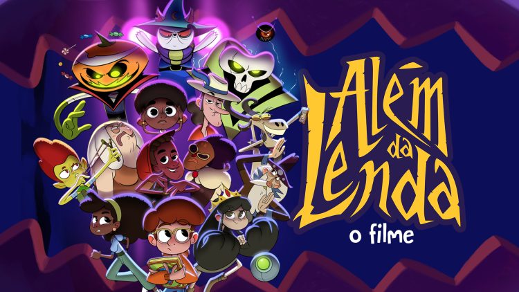 Arte de Além da Lenda — O Filme com personagens do folclore brasileiro e título amarelo sobre fundo roxo.