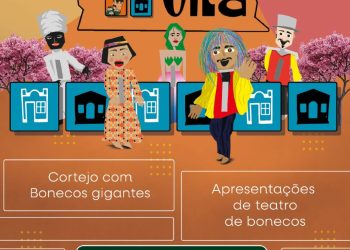 Cartaz do projeto Boneco na Vila com personagens de teatro de bonecos e informações do evento em Taquara, Planaltina