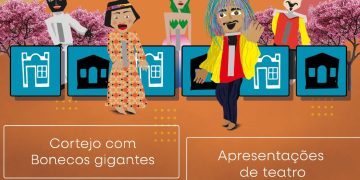 Cartaz do projeto Boneco na Vila com personagens de teatro de bonecos e informações do evento em Taquara, Planaltina