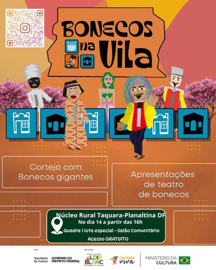 Cartaz do projeto Boneco na Vila com personagens de teatro de bonecos e informações do evento em Taquara, Planaltina