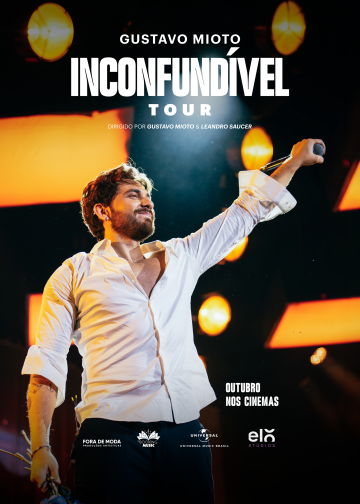 Cartaz de Inconfundível Tour com Gustavo Mioto no palco, de camisa branca e microfone na mão