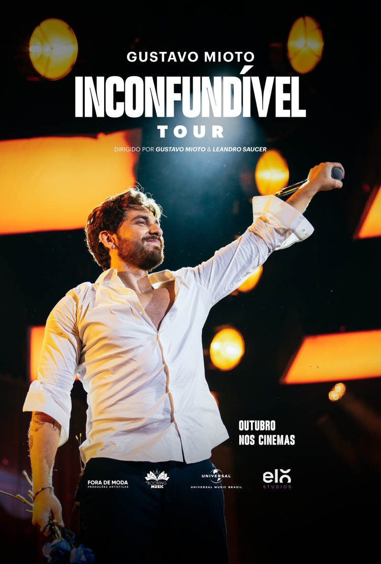 Cartaz de Inconfundível Tour com Gustavo Mioto no palco, de camisa branca e microfone na mão