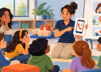 Ilustração de crianças acompanhadas de uma responsável aprendendo a pedir ajuda com uma instrutora. Imagem gerada por IA.