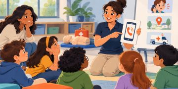 Ilustração de crianças acompanhadas de uma responsável aprendendo a pedir ajuda com uma instrutora. Imagem gerada por IA.
