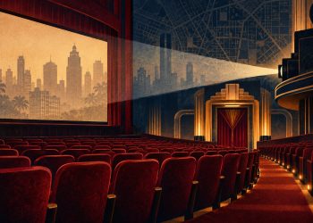 Sala de cinema imaginária com poltronas vermelhas e projetor; ilustração conceitual, não representa um cinema específico.