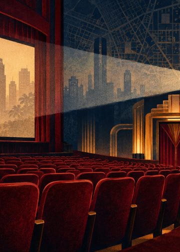 Sala de cinema imaginária com poltronas vermelhas e projetor; ilustração conceitual, não representa um cinema específico.
