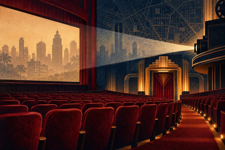 Sala de cinema imaginária com poltronas vermelhas e projetor; ilustração conceitual, não representa um cinema específico.
