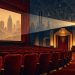 Sala de cinema imaginária com poltronas vermelhas e projetor; ilustração conceitual, não representa um cinema específico.