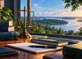 Ilustração gerada por inteligência artificial: livros, caderno e balança da justiça em uma mesa de estudos, com paisagem amazônica ao fundo.