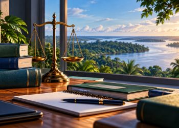 Ilustração gerada por inteligência artificial: livros, caderno e balança da justiça em uma mesa de estudos, com paisagem amazônica ao fundo.