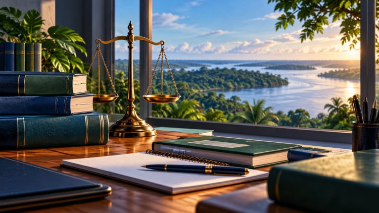 Ilustração gerada por inteligência artificial: livros, caderno e balança da justiça em uma mesa de estudos, com paisagem amazônica ao fundo.