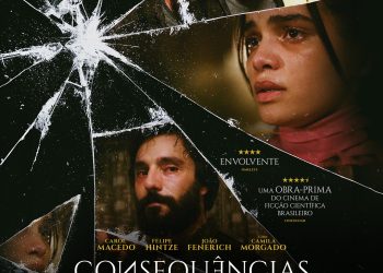 Cartaz de Consequências Paralelas com os personagens entre fragmentos de vidro, título e nomes do elenco.