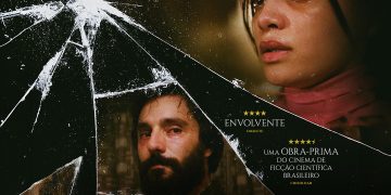 Cartaz de Consequências Paralelas com os personagens entre fragmentos de vidro, título e nomes do elenco.