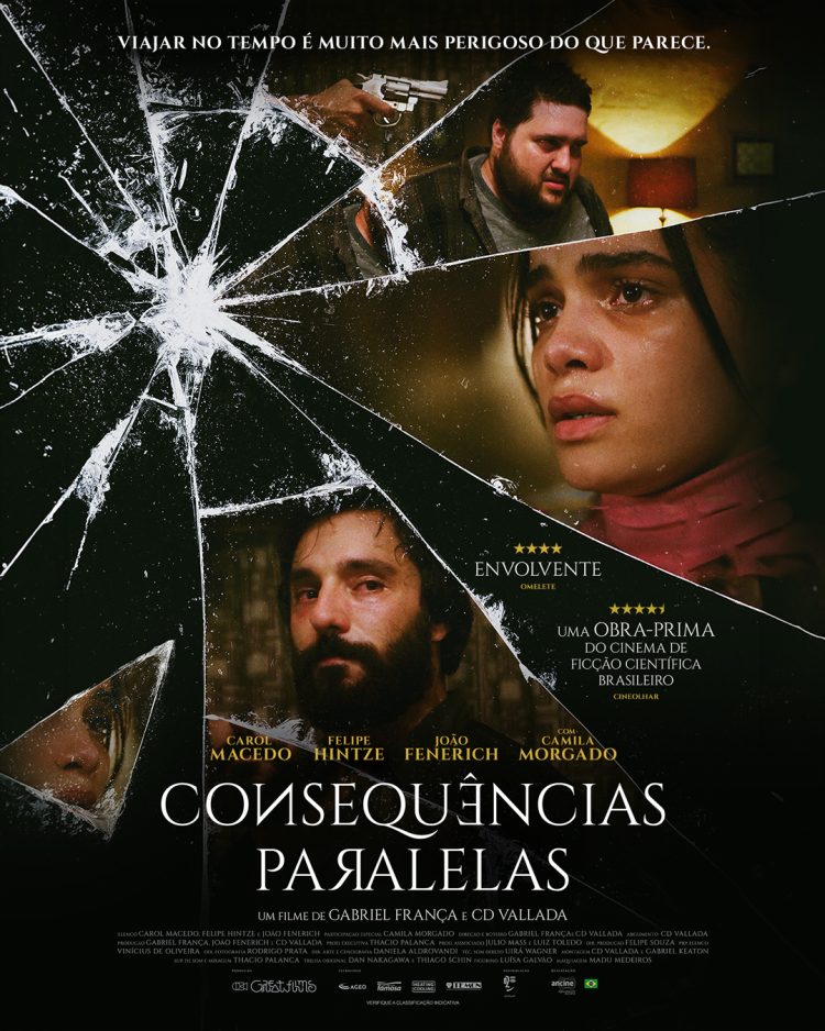 Cartaz de Consequências Paralelas com os personagens entre fragmentos de vidro, título e nomes do elenco.