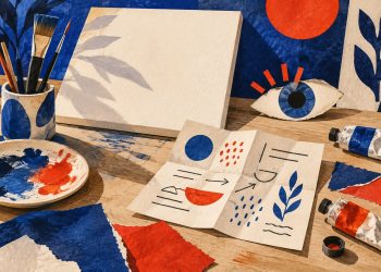 Mesa de criação artística com pincéis, tela e olho de papel; ilustração conceitual, não reproduz obras da mostra.