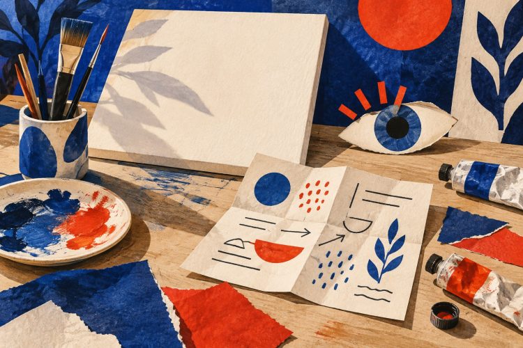 Mesa de criação artística com pincéis, tela e olho de papel; ilustração conceitual, não reproduz obras da mostra.