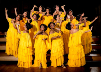 Elenco de Marrom, o Musical em cena, com figurinos amarelos