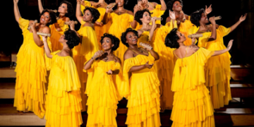 Elenco de Marrom, o Musical em cena, com figurinos amarelos
