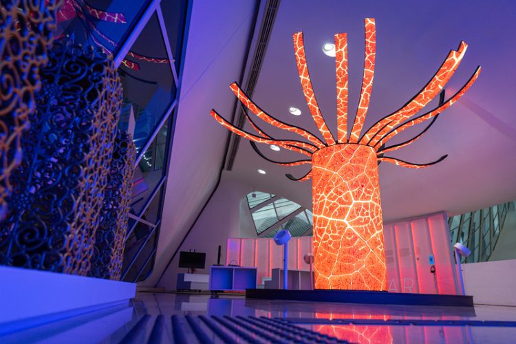Instalação interativa Ventos que Contam, com árvore de LEDs no Museu do Amanhã