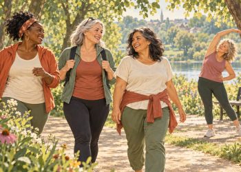 Mulheres maduras caminham e se alongam em um parque, em ilustração editorial.