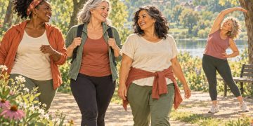 Mulheres maduras caminham e se alongam em um parque, em ilustração editorial.