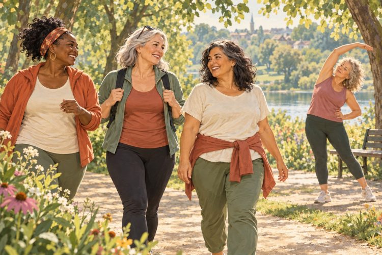 Mulheres maduras caminham e se alongam em um parque, em ilustração editorial.