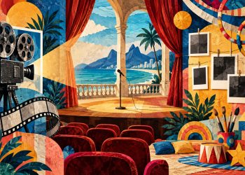 Ilustração de palco, projetor de cinema e materiais de pintura, simbolizando uma programação cultural diversa.