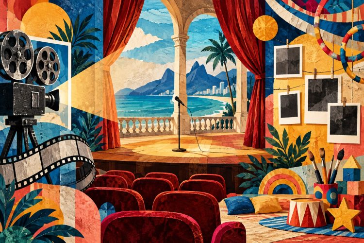 Ilustração de palco, projetor de cinema e materiais de pintura, simbolizando uma programação cultural diversa.