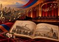 Ilustração gerada por IA de livro de memórias, notas musicais e palco vazio, simbolizando a cultura armênia em São Paulo.