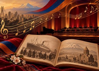 Ilustração gerada por IA de livro de memórias, notas musicais e palco vazio, simbolizando a cultura armênia em São Paulo.