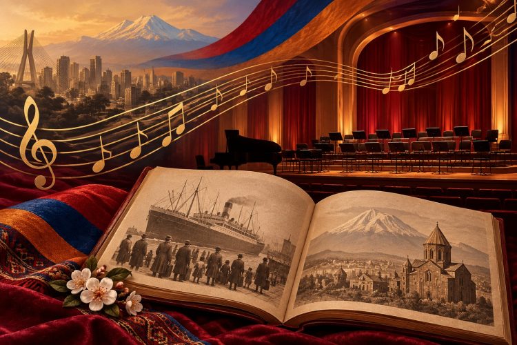 Ilustração gerada por IA de livro de memórias, notas musicais e palco vazio, simbolizando a cultura armênia em São Paulo.