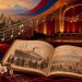Ilustração gerada por IA de livro de memórias, notas musicais e palco vazio, simbolizando a cultura armênia em São Paulo.