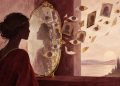 Silhueta diante de espelho e olhos abstratos, ilustração sobre reconhecimento e autoimagem.