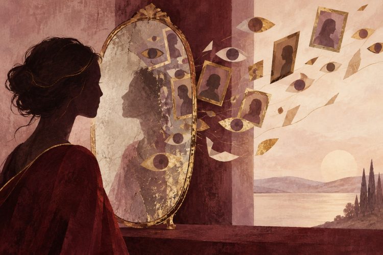 Silhueta diante de espelho e olhos abstratos, ilustração sobre reconhecimento e autoimagem.