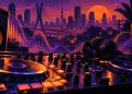 Ilustração de mesa de DJ e fones de ouvido diante de uma paisagem urbana de São Paulo, em tons roxos e laranjas.