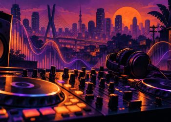 Ilustração de mesa de DJ e fones de ouvido diante de uma paisagem urbana de São Paulo, em tons roxos e laranjas.