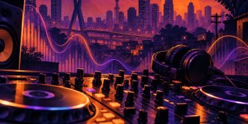 Ilustração de mesa de DJ e fones de ouvido diante de uma paisagem urbana de São Paulo, em tons roxos e laranjas.