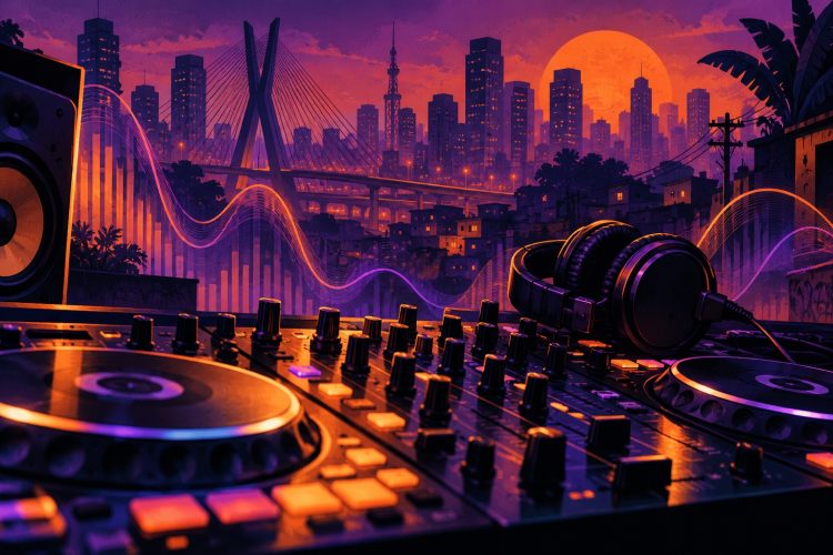 Ilustração de mesa de DJ e fones de ouvido diante de uma paisagem urbana de São Paulo, em tons roxos e laranjas.