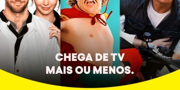 Arte de divulgação da Pluto TV com O Lado Bom da Vida, Nacho Libre e Encontro Explosivo sobre fundo amarelo.