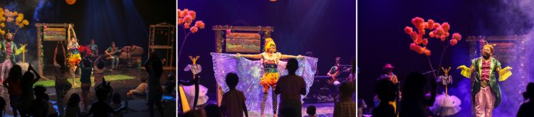 Montagem de três fotografias do musical Roça Cri-criativa, com artistas no palco e crianças participando diante da cena.
