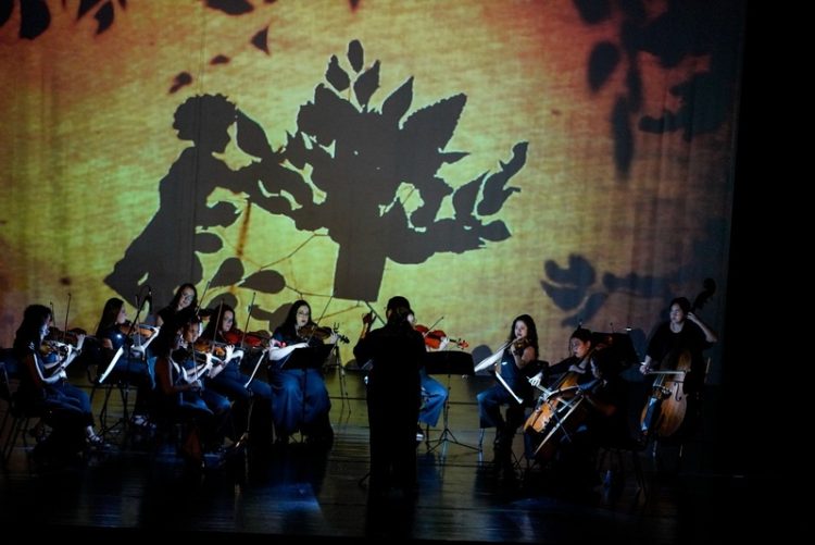Orquestra durante o espetáculo Sombras Musicais com projeções de teatro de sombras