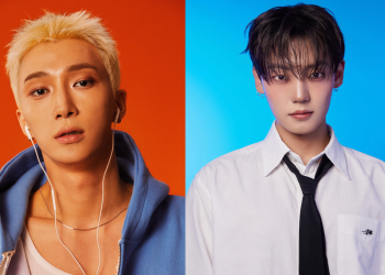 Retratos de divulgação dos artistas from20 e Kang Yuchan, lado a lado, em fundos laranja e azul