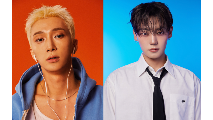 Retratos de divulgação dos artistas from20 e Kang Yuchan, lado a lado, em fundos laranja e azul